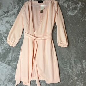 J.CREW 365 Crepe Wrap Dress Womens 6 Light Pink Belted Chiffon 3/4 Sleeve H6292